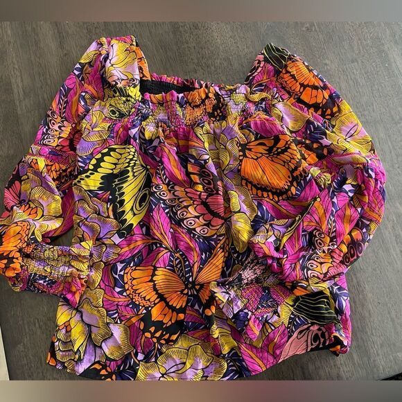 Alexandra Farmer x Anthropologie Pink Butterfly Print Puff Sleeve Blouse NEW - Picture 2 of 3